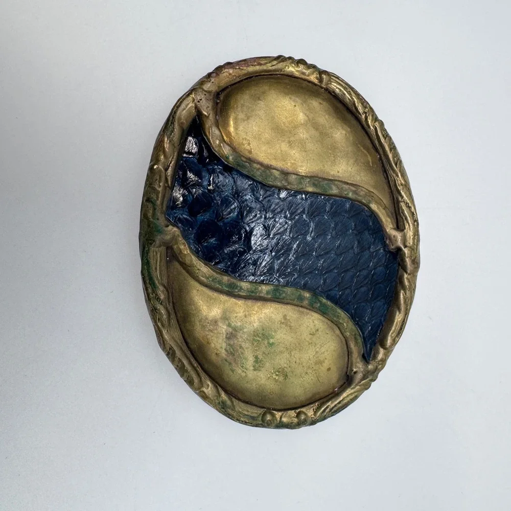 Vintage 1970-1980's Handmade Belt Buckle Blue Brass Snakeskin Yin/Yang Oval